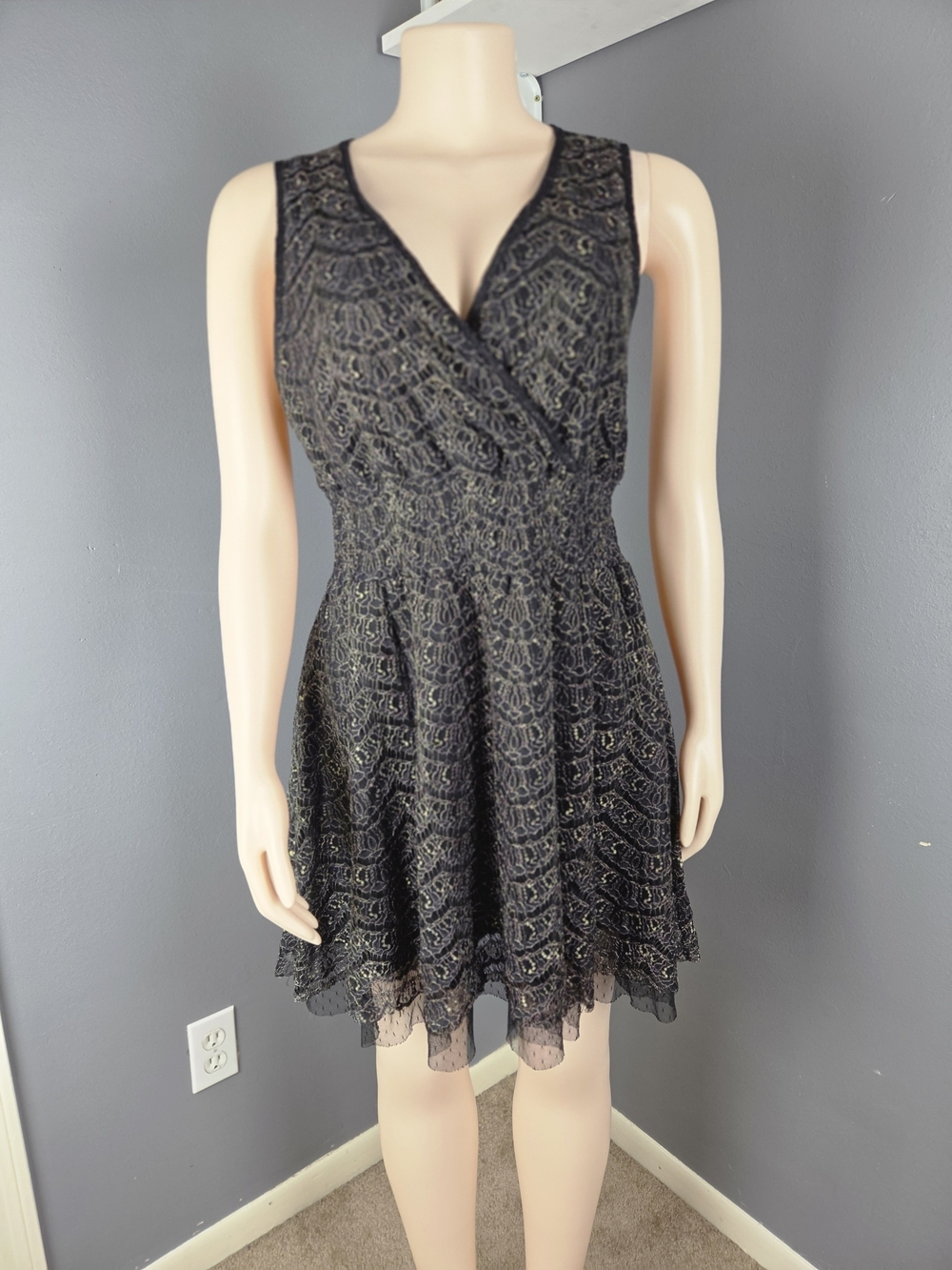 Black Lace Fit-and-Flare Dress with Gold Accents